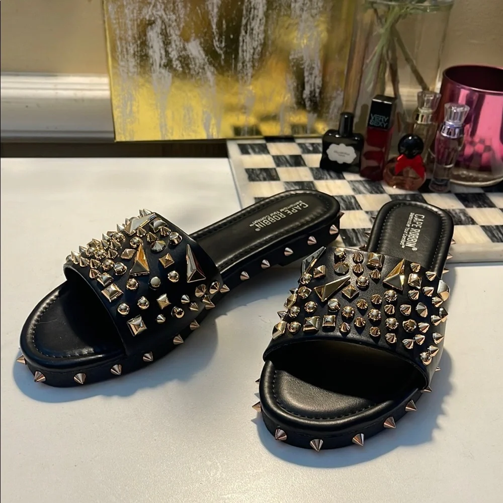 Cape Robbin Black and Gold Sandals with Bold Design Studsed - Picture 9 of 16